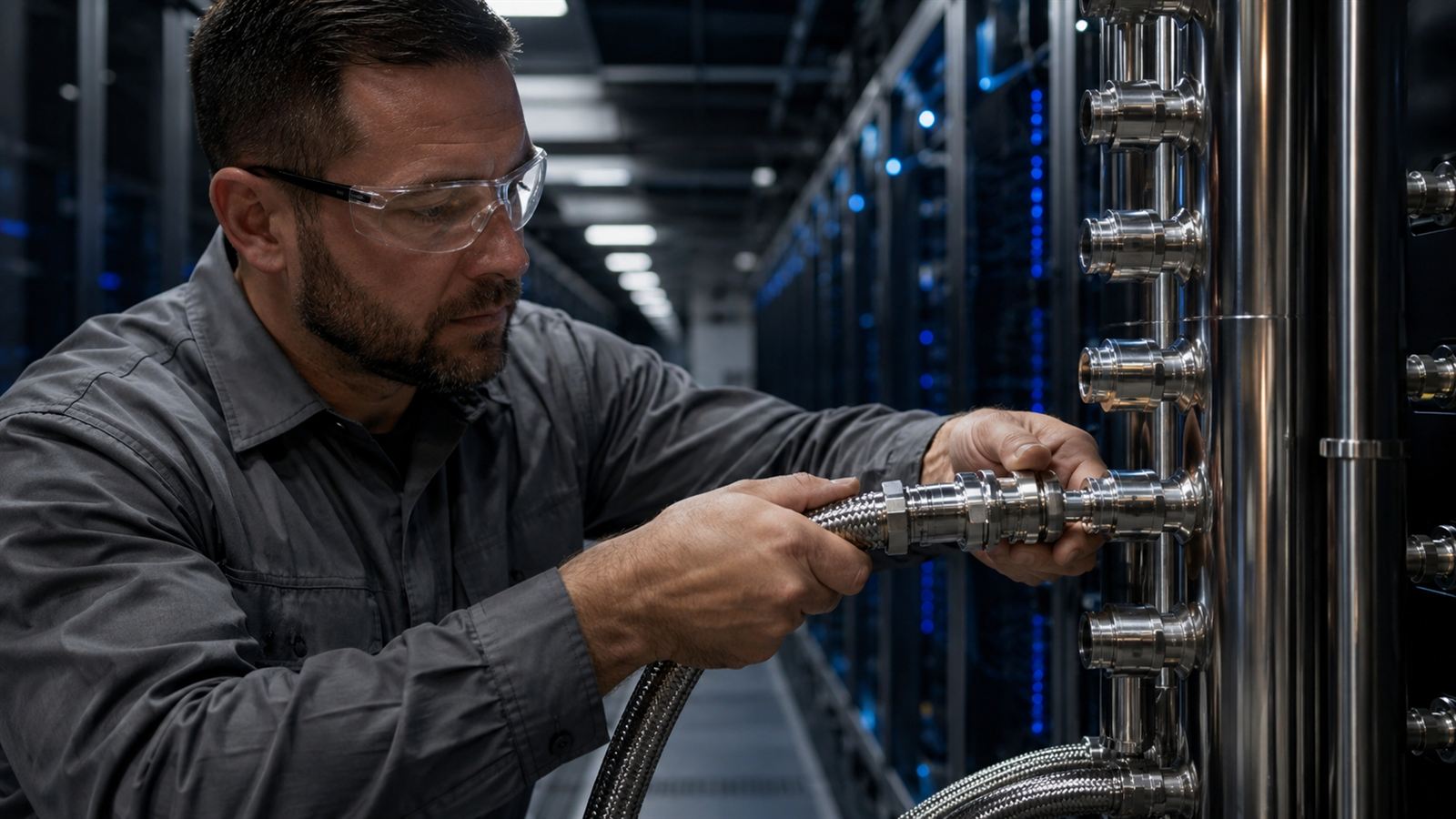 Technician connecting a stainless quick-disconnect hose to a rack manifold in a data center