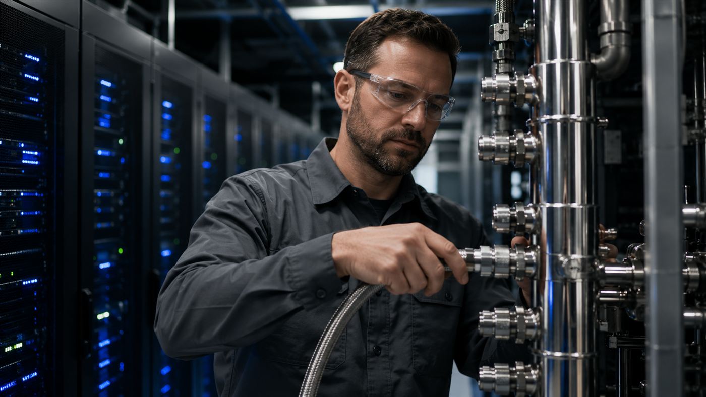 Technician connecting a stainless quick-disconnect hose to a rack manifold